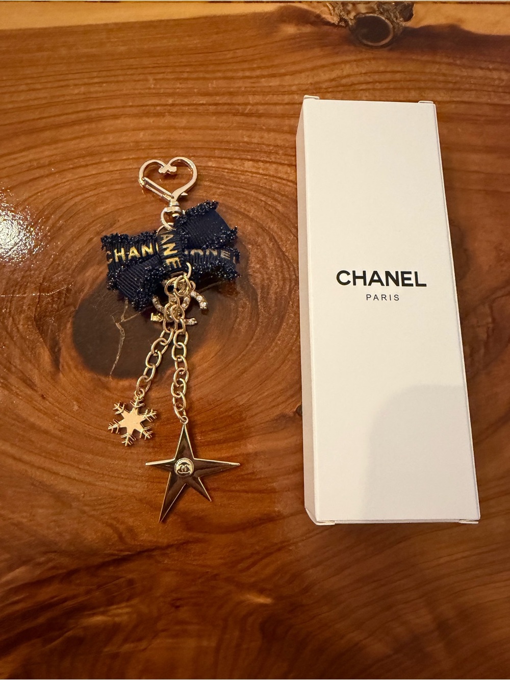 CHANEL Navy Ribbon Star & Snowflake Charm Key Holder